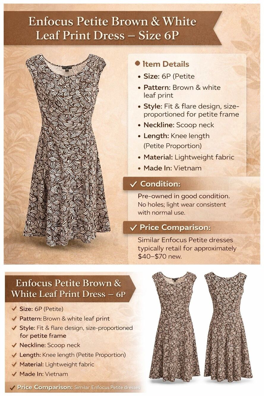 Enfocus Petite Brown White Leaf Print Fit & Flare Dress Scoop Neck Sleeveless 6P